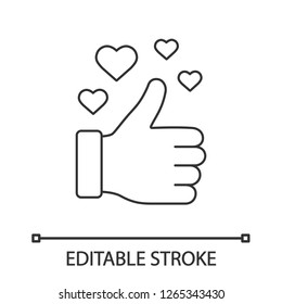 Like linear icon. Thumbs up. Thin line illustration. Good, nice, ok hand gesture. Social media voting. Accept button. Rating, ranking. Contour symbol. Vector isolated outline drawing. Editable stroke