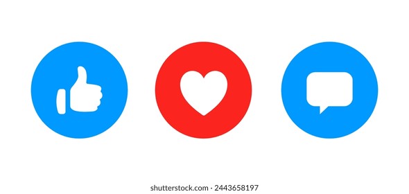 Like, love, comment icon buttons and Thumbs up and heart flat icon in modern circle shapes , Social media notification icons. emoji post reactions set. Vector illustration	