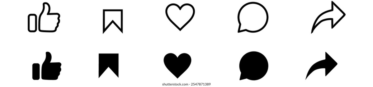 Botón Me gusta, el amor, el ícono de comentario y el ícono de pulgar hacia arriba y corazón plano en las Formas circulares modernas, íconos de notificación de redes sociales. Ilustración vectorial