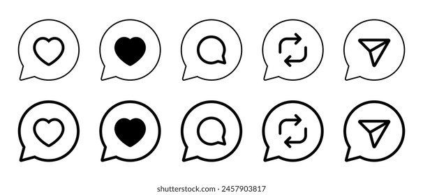 Like, love, comment, repost, and share icon on speech bubble line
