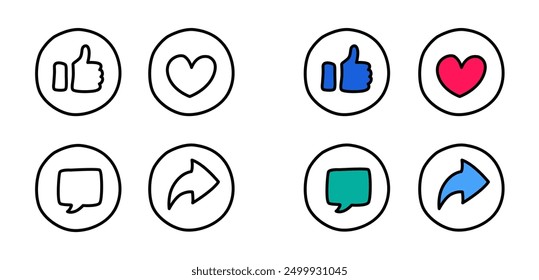 Like, love, comment, and share cute icon vector. Social media elements vector icon hand drawn