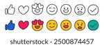 Like, love, emoji, social media reaction, collection of emoji reactions hand drawn