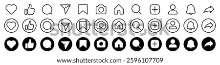 Like, love, heart, comment, thumb up, repost, share, add friends, notification, save, stories user button sign in circle shapes, emoji post reactions, set social media functional icons