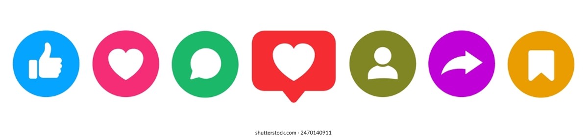 Like, love, heart, thumb up, repost, comment, share, save, stories user button sign in circle and speech bubble shapes, emoji post reactions, set social media notification functional icons – vector