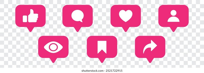 Like, love, heart, thumb up, repost, comment, share, save, stories user button sign in circle and speech bubble shapes, emoji post reactions, set social media notification functional icons – vector