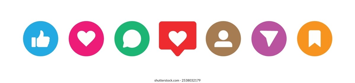 Like, love, heart, thumb up, repost, comment, share, save, stories user button sign in circle and speech bubble shapes, emoji post reactions, set social media notification functional icons – vector