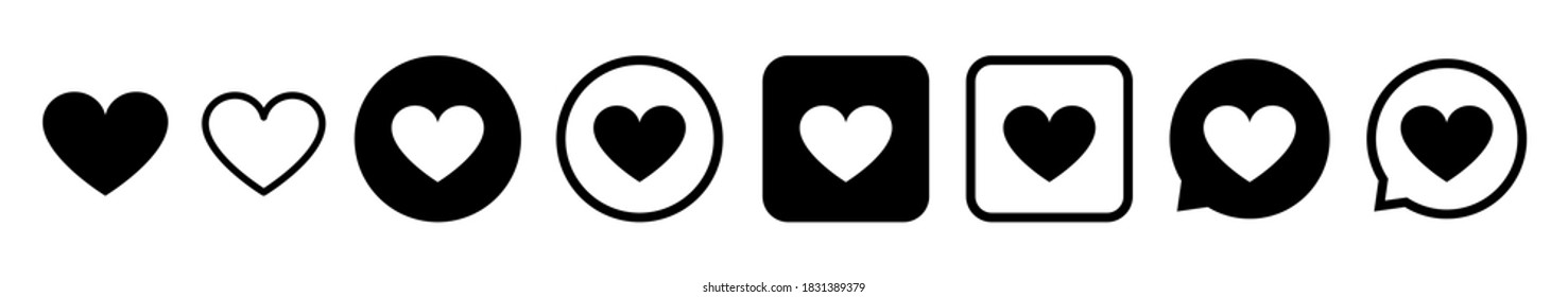 Like and love heart vector icon set. Social app hearts web symbols or buttons isolated on white background. Vector illustration eps10.