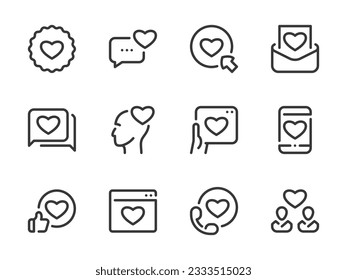Like, Love and Heart vector line icons. Customer satisfaction and User feedback outline icon set.