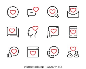 Like, Love and Heart vector line icons. Customer satisfaction and User feedback outline icon set. Color highlight symbols.