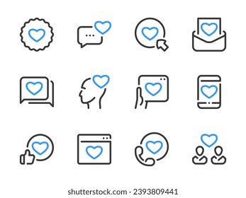 Like, Love and Heart vector line icons. Customer satisfaction and User feedback outline icon set.