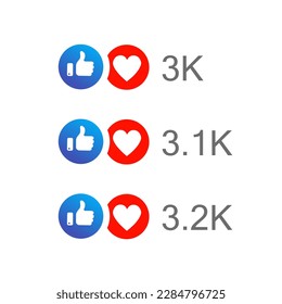 Like and love icon in blue and red color with up to three thousand number