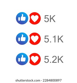 Like and love icon in blue and red color with up to five thousand number