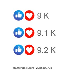 Like and love icon in blue and red color with up to nine thousand number