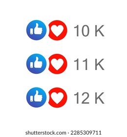 Like and love icon in blue and red color with up to ten thousand number