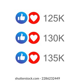 Like and love icon in blue and red color with up to hundreds and thousands number