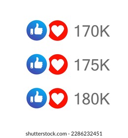 Like and love icon in blue and red color with up to hundreds and thousands number