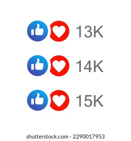 Like and love icon in blue and red color with up to hundreds and thousands number