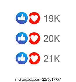 Like and love icon in blue and red color with up to hundreds and thousands number