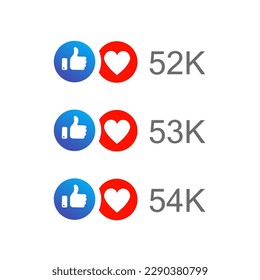 Like and love icon in blue and red color with up to hundreds and thousands number