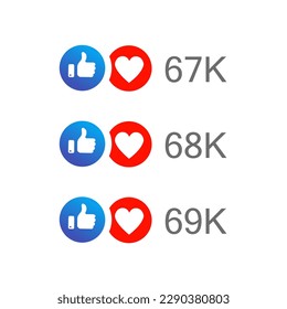 Like and love icon in blue and red color with up to hundreds and thousands number