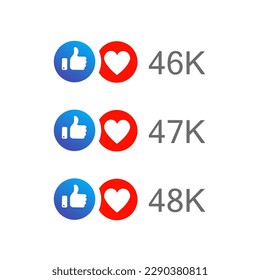 Like and love icon in blue and red color with up to hundreds and thousands number