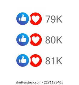 Like and love icon in blue and red color with up to hundreds and thousands number