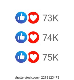 Like and love icon in blue and red color with up to hundreds and thousands number