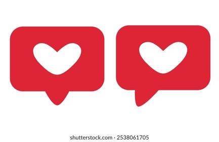 Icono de Me gusta y amor. Botón de corazón plano en las Formas modernas de la burbuja del discurso, íconos de notificación de redes sociales. Ilustración vectorial