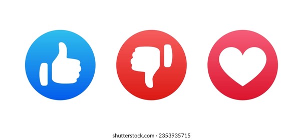 Like and love icon button. Thumbs up and heart flat icon in modern circle shapes , Social media notification icons. emoji post reactions set. Vector illustration	
