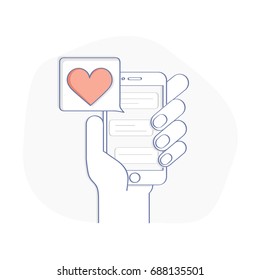Like and love icon notification in the bubble over mobile phone. Social media concept of like, comment, follow, rating. Flat line vector illustration, UX / UI element for web and mobile design.
