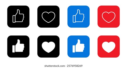 Like and love icon on square background. Thumb up and heart sign symbol