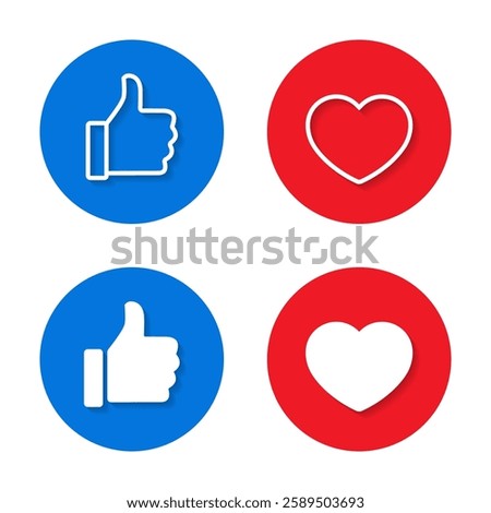 Like and love icon with shadow. Thumb up and heart sign symbol