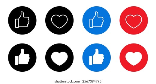 Like and love icon of social media communication elements. Thumb up and heart sign symbol