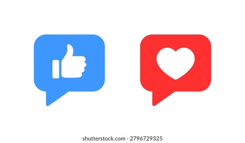 Like and love icon in speech bubble. Thumbs up and heart symbol in chat balloon