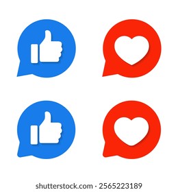 Like and love on speech bubble icon with shadow. Thumb up and heart sign symbol