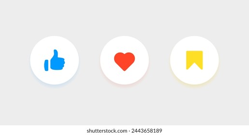 Como, amar, guardar botones de iconos y Pulgares arriba y corazón icono plano en formas de círculos modernos, iconos de notificaciones de redes sociales. Ilustración de vector	