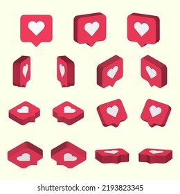 like or love social media icon notification 3d illustration with different angles and perspective