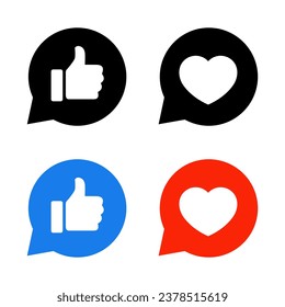 Like and love in speech bubble icon vector. Social media reaction sign symbol