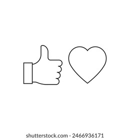 Like and love. Thumbs up and Heart icon line style isolated on white background. Vector illustration