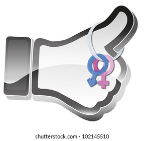 Like make relationship.  3D Social media network icon showing like symbol on internet, especially sex relationship between man and woman.