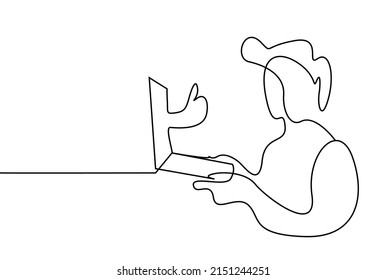 A like mark coming out of the laptop approves the user. a person is holding a laptop computer and making an arm like approving good sign from the screen