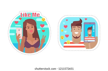 Like me blogger male and female, people with phones taking photos and making video set vector. Online communication and lifestyle, reaction smileys