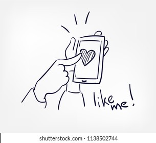 like me heart mobile application hands concept doodle hand drawn vector line illustration