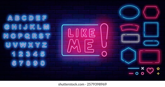 Like me neon label. Social media. Blogger following. Subscribe sign. Vector stock illustration