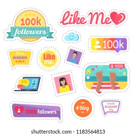 Like me social networks button, laptop stickers set vector. Photo of feet of blogger, profile with hearts and number of followers. Virtual popularity