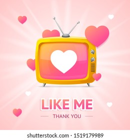 Like Me Thanks You Social Media Concept with Yellow Television Heart Shape on Screen Display. Vector illustration