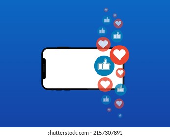 Like and media, network and social app. Phone and web icon illustration. Mobile phone and online application for message and communication. illustration like and heart. Vector.
