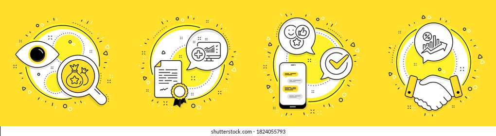 Como, análisis médico y los puntos de lealtad se establecen iconos de línea. Iconos de licencias, teléfonos celulares y vectores de operaciones. Señal de porcentaje de préstamo. A los medios sociales les gusta, el sistema de medicina, las bolsas de dinero. Gráfico de crecimiento. Vector