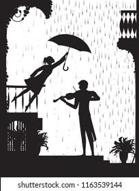 like the melody, romantic scene in the city with violin, Girl on the balcony holding the umbrella above a violinist. Music under the rain, black and white, shadow, vector
