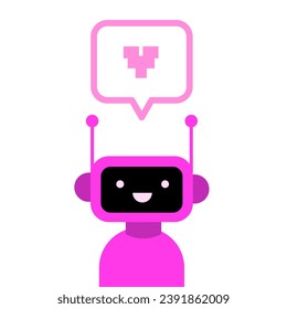 Like message bubble from the robot. Flat, purple, speech bubble with heart, text from a robot, cute robot. Vector illustration